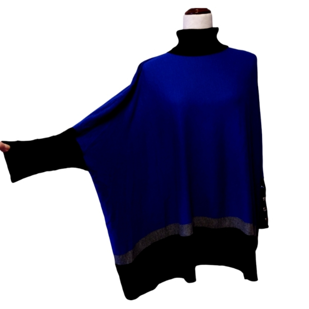NY&C New York & Company Knit Turtleneck Poncho Sweater Cobalt Blue Black Gray - Picture 2 of 7